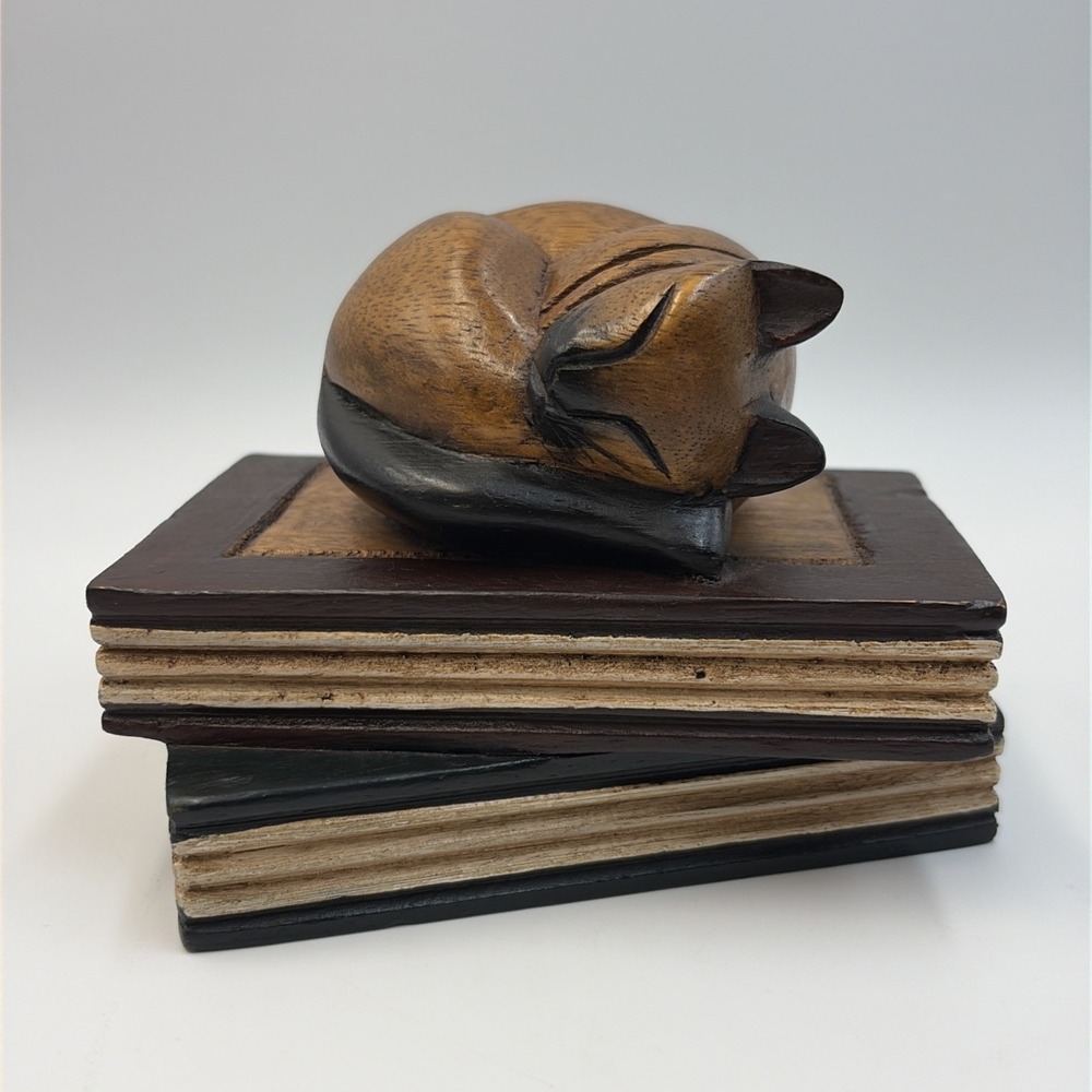 Vintage Hand Carved Cat Sleeping on Books Wooden Figurine Paperweight Thailand